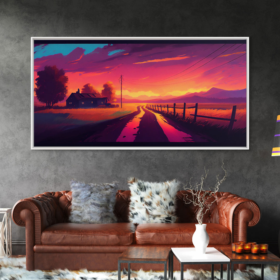 Synthwave Style Farmhouse Art, Dirt Roads, Country Roads, Sunset Art, Framed Wall Art, Canvas Print, Watercolor Wall Art Original Painting