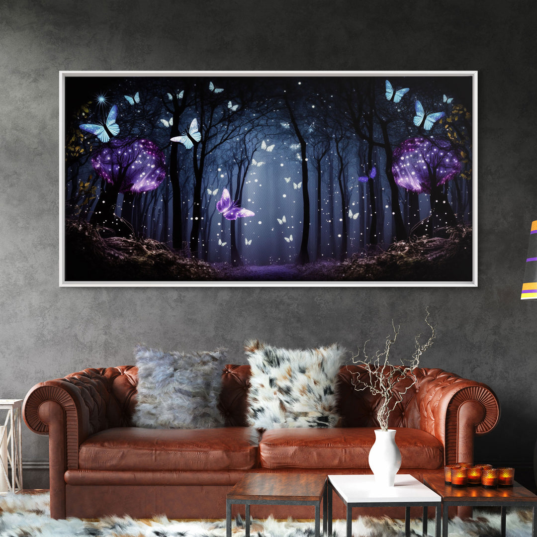 Glowing Butterflies, Framed Canvas Print, Fantasy Decor, High Fantasy Canvas Art, Fairy Forest