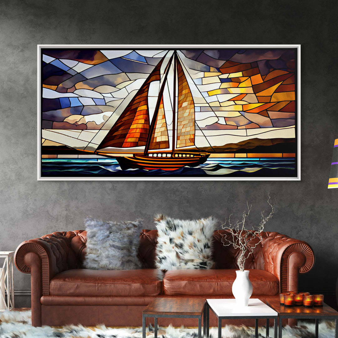 Art Deco Stained Glass Sail Boat Wall Art | Framed Canvas Print | Nautical Art | Seascape Art | Beach House Decor