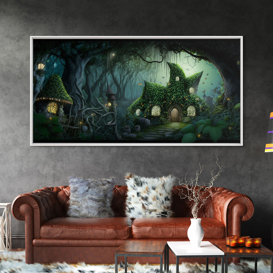 Gnome City, Wall Art, Fantasy Canvas Print, Framed Art, Tiny Gnome Houses On The Forest Floor