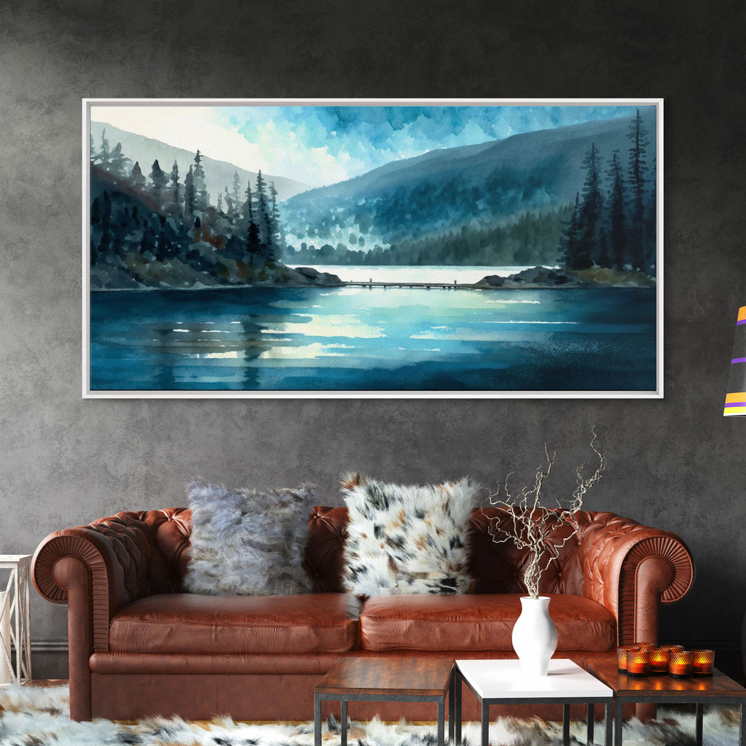 Mountain Lake, Watercolor Landscape Painting Canvas Print - Ready To Hang Large Gallery Wrapped Canvas Wall Art Prints With Floating Frames