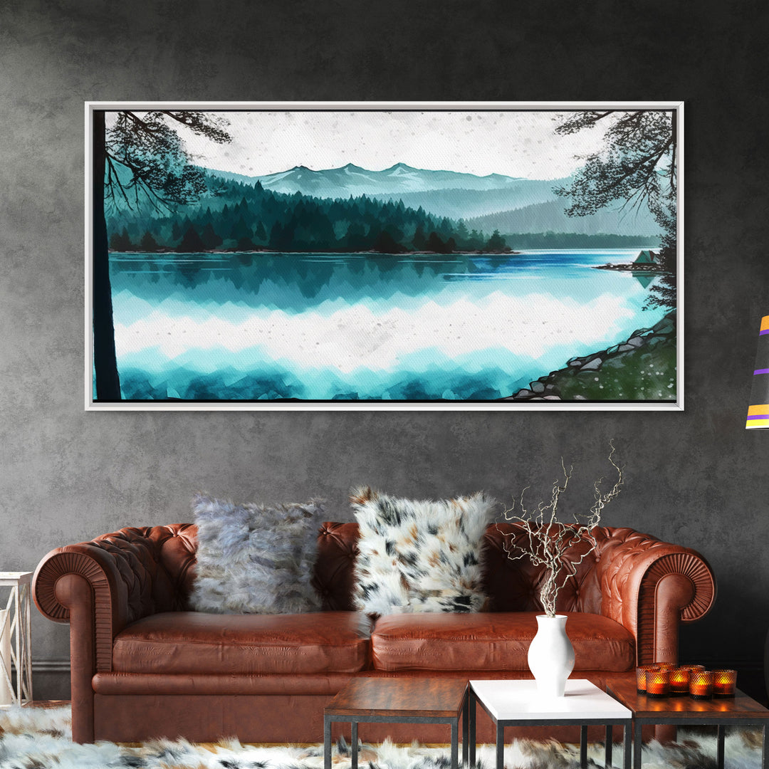 Mountain Lake, Watercolor Landscape Painting Canvas Print - Ready To Hang Large Gallery Wrapped Canvas Wall Art Prints With Floating Frames