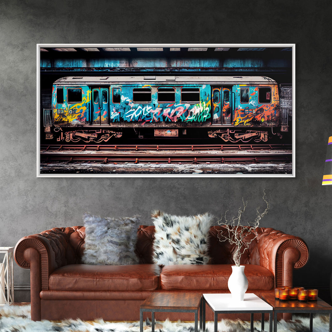 Urban Decay Wall Art - Graffiti Covered Subway Train - 1970s NYC Art - Framed Canvas Print - Original Art - Dystopian Urban Decay