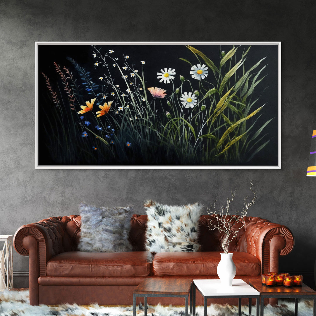 Meadow Flowers, Black Background, Framed Canvas Print, Floral Study Watercolor Painting