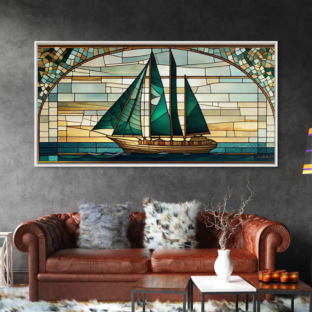 Emerald Green and Gold Art Deco Sail Boat, Framed Canvas Print, Retro MCM Style Wall Art, Midcentury Modern, Stained Glass, Huge Art