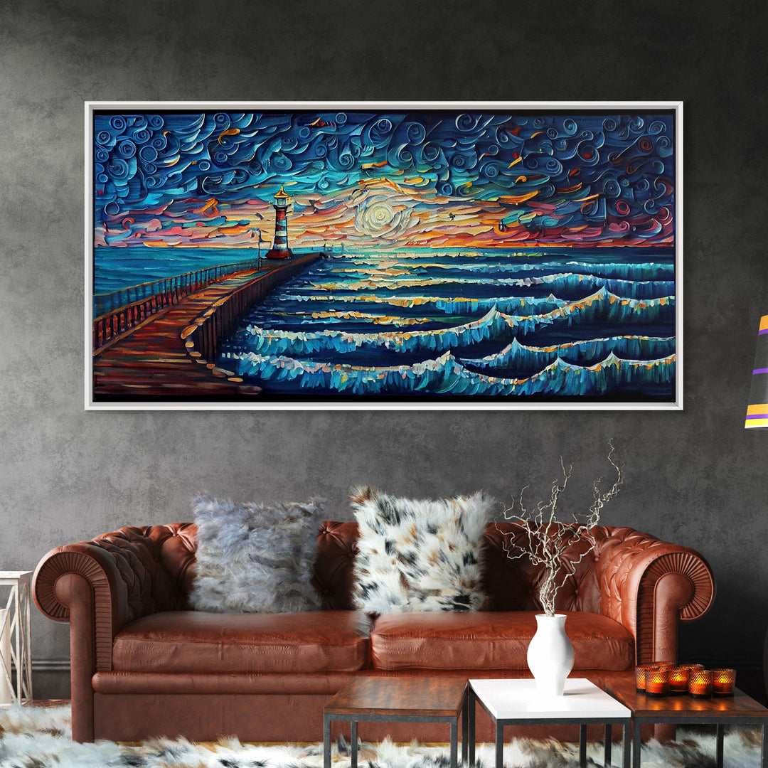 Starry Night Style Light House - Framed Canvas Print - Lighthouse and Beach Art - Lakehouse Art - Beach House - Living Room Decor