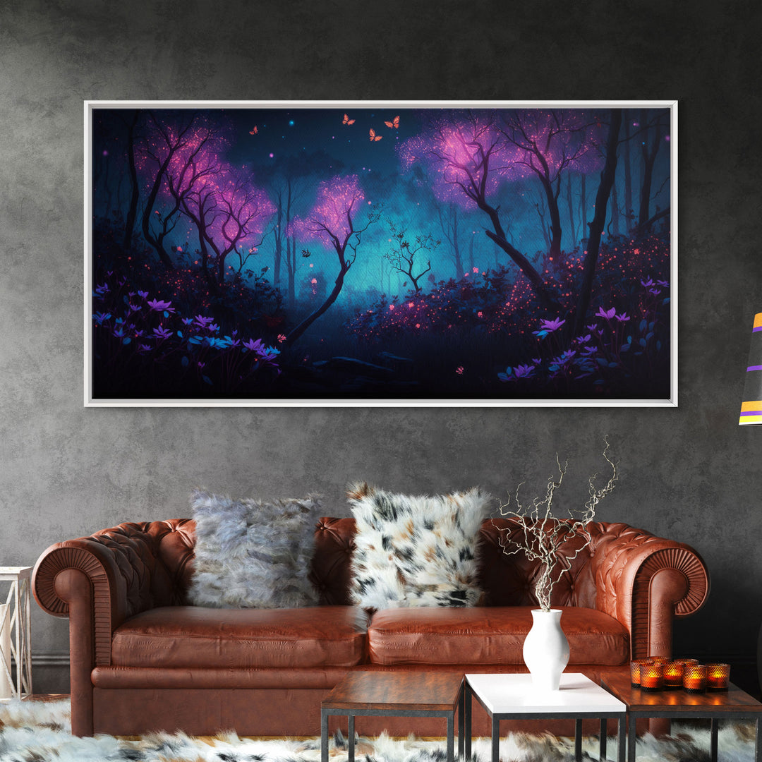 Beautiful forest canvas print Fantasy forest wall art Forest Painting, Framed Art, Glowing Butterflies