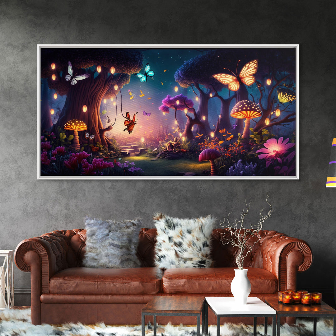 Vibrant Fantasy Forest Wall Art, The Forest Floor, Bioluminescent Glowing Butterflies, Gift, Framed Canvas Print