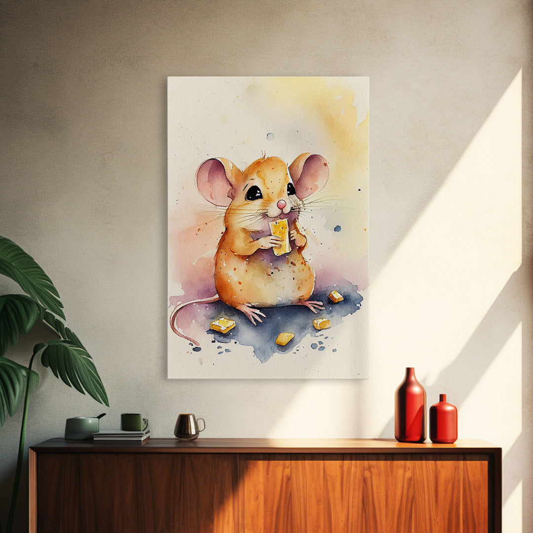 Mouse monchin' some cheese Watercolor Print, Mouse Art Painting, Framed Canvas Print, Cute mouse cartoon