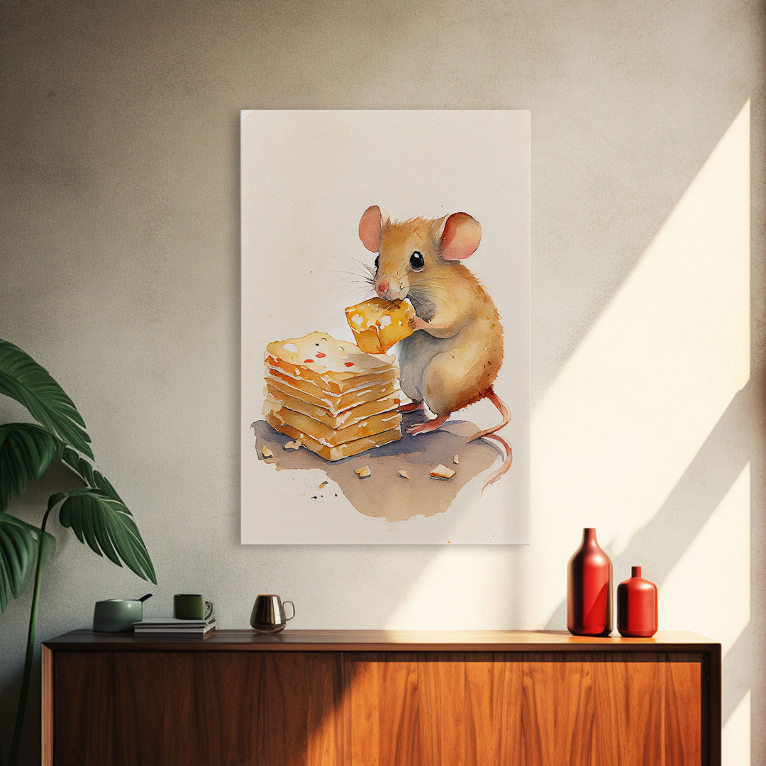 Mouse eatin' some cheese Watercolor Print, Mouse Art Painting, Framed Canvas Print, Cute mouse cartoon