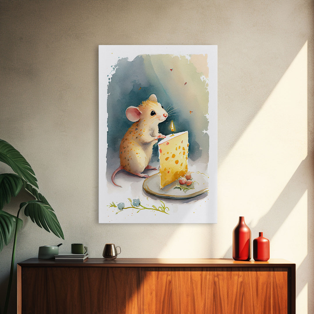 Cute mouse birthday party Watercolor Print, Mouse Art Painting, Framed Canvas Print, Cute mouse cartoon