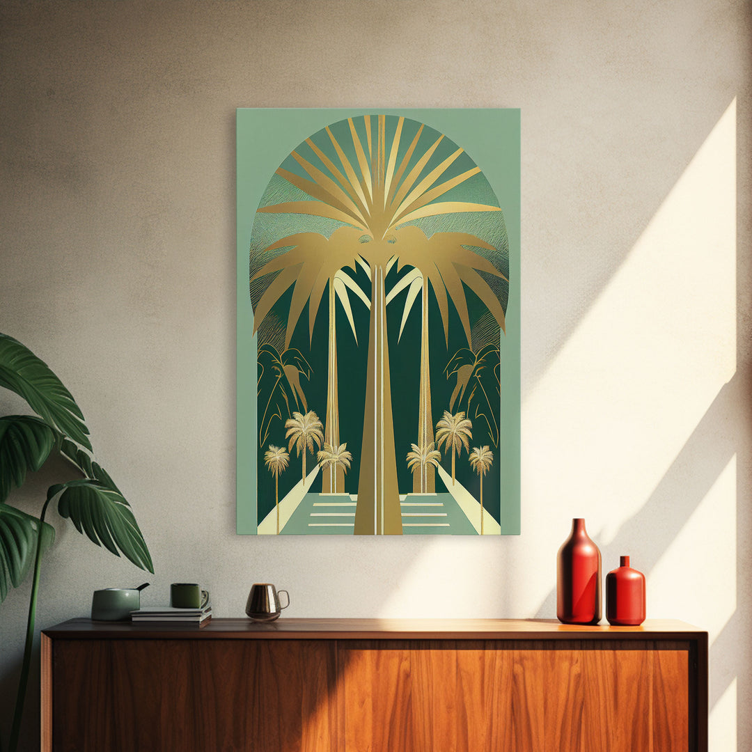 Boho Modern Frank Lloyd Wright-inspired Art Deco Canvas Print, Emerald Green and Gold Palm Tree, wall decor, wall art original, MCM Art