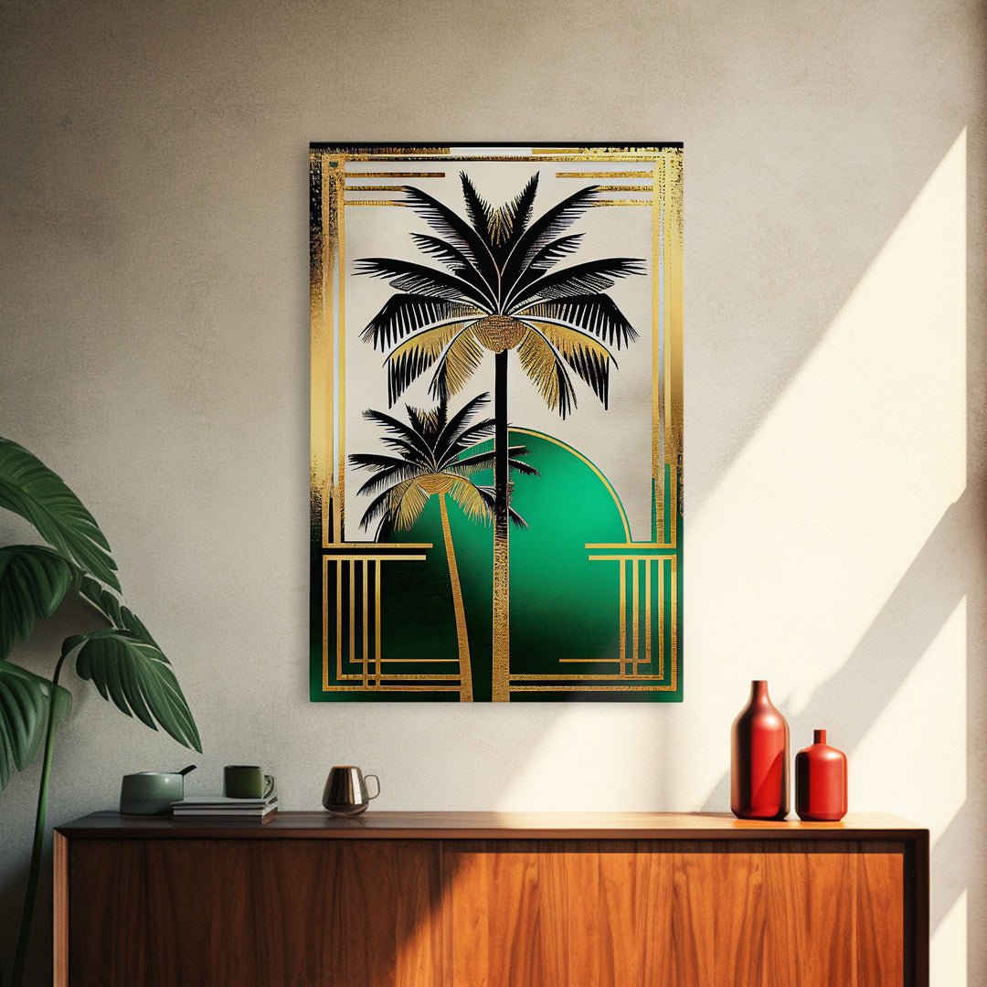 Boho Modern Frank Lloyd Wright-inspired Art Deco Canvas Print, Emerald Green and Gold Palm Tree, wall decor, wall art original, MCM Art