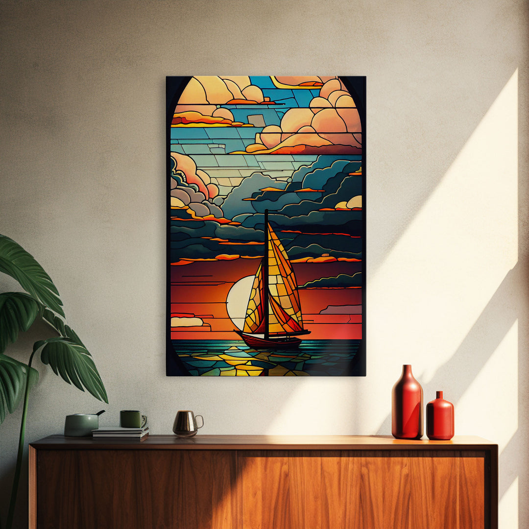 Art Deco Wall Art, Sailboat and Sunset Framed Canvas Print, Art Deco / MCM Wall Art, Stained Glass Reflections