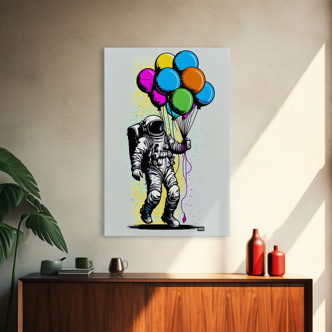 Urban Wall Art, Banksy Inspired, Astronaut Holding Colorful Balloons, Framed Canvas Print, Graffiti Art