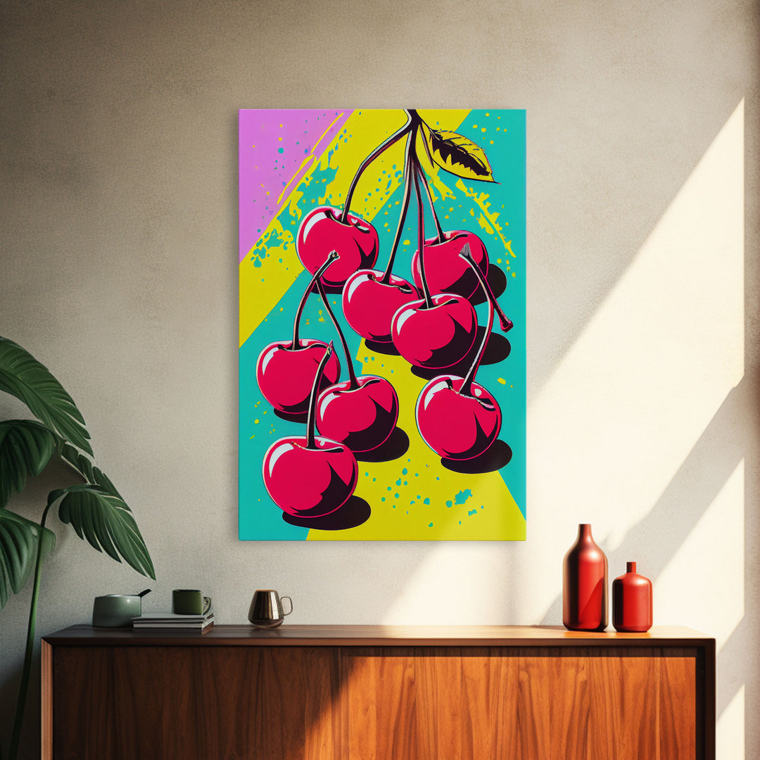 Pop Art Cherry Painting Canvas Print, Framed Art, MCM Style, Midcentury Modern Pop Art, Retro Comic Book Style Wall Art