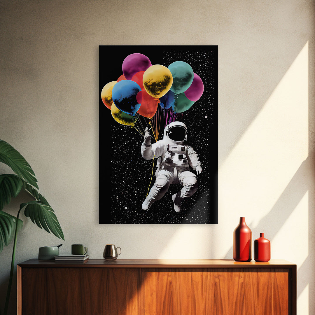 Urban Wall Art, Banksy Inspired, Astronaut Holding Colorful Balloons, Framed Canvas Print, Graffiti Art, Space Art