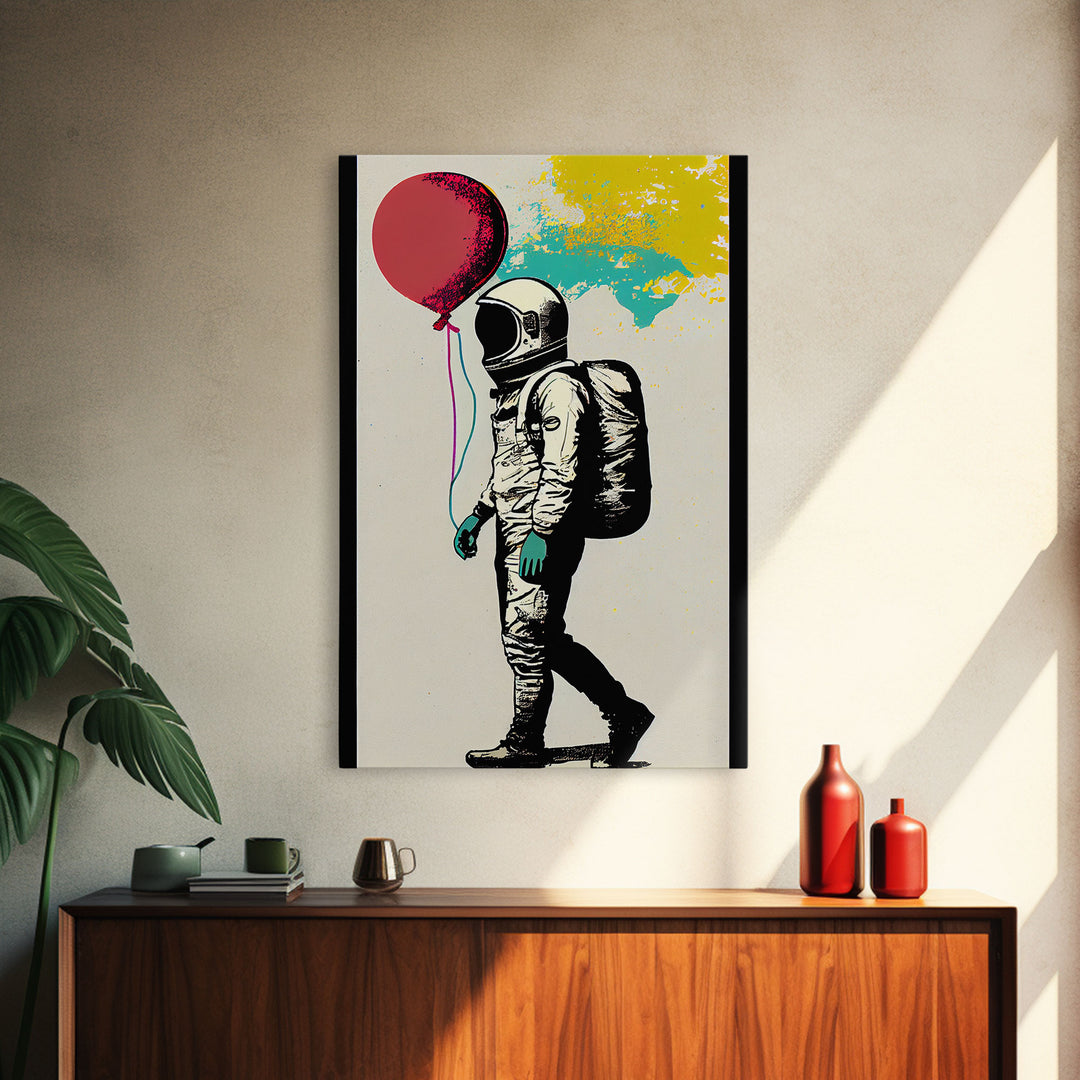 Urban Wall Art, Banksy Inspired, Astronaut Holding Colorful Balloons, Framed Canvas Print, Graffiti Art, Space Art