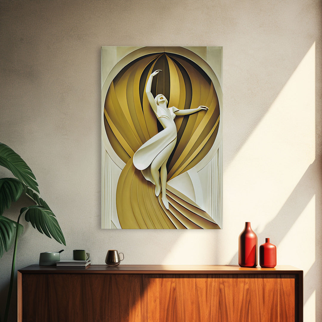 Art Deco Sculpture Canvas Print, Framed Wall Art, 1930s Inspired Retro Art, White and Gold Ballerina