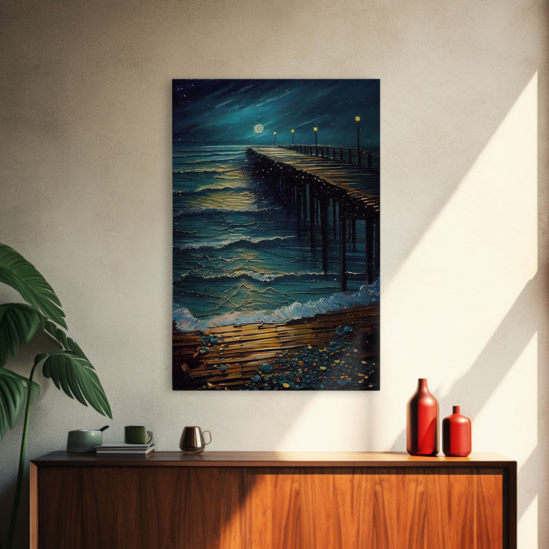 Van Gogh Starry Night Inspired, The Beach Boardwalk at Midnight, Framed Canvas Print, Unique Wall Art, Canvas Art, Living Room Decor