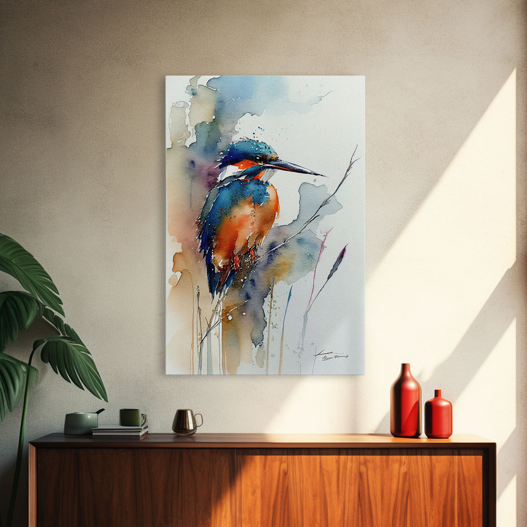 Watercolor of a Kingfisher, Framed Canvas Print, Bird Painting, Bird Watcher Art, Blue and Orange Kingfisher Watercolor Painting