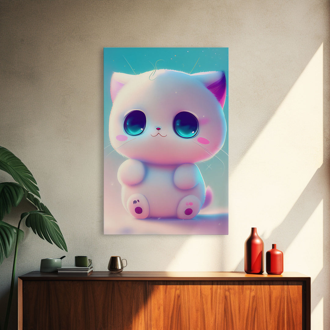 Cute Kawaii Kitten, Anime Style Art, Framed Canvas Print, Framed Art, Cat Portrait, Cartoon Cat