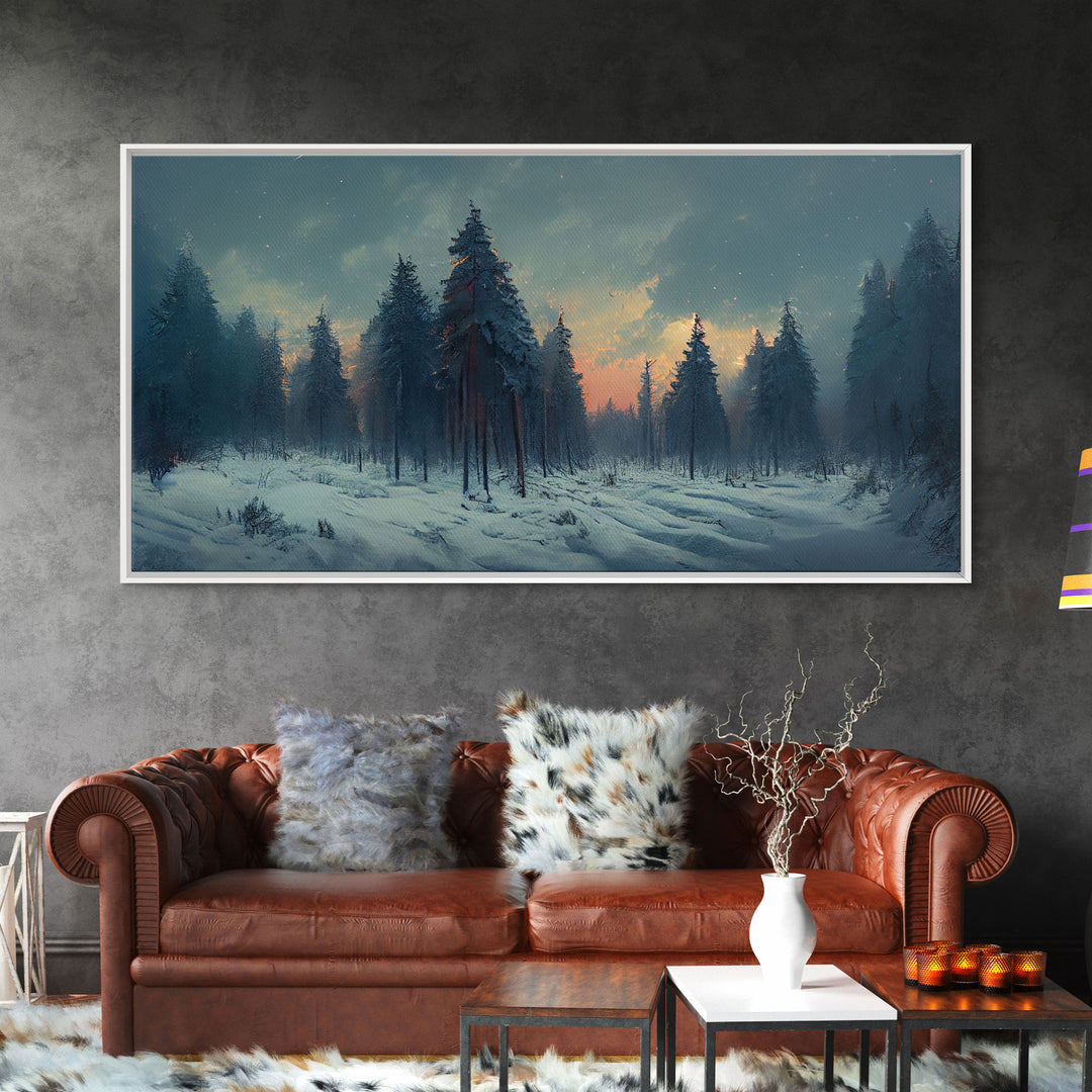 Snowy Forest, Dreamy Landscape Painting Canvas Print, country side, farmhouse decor, beautiful scenic wall art, golden hour