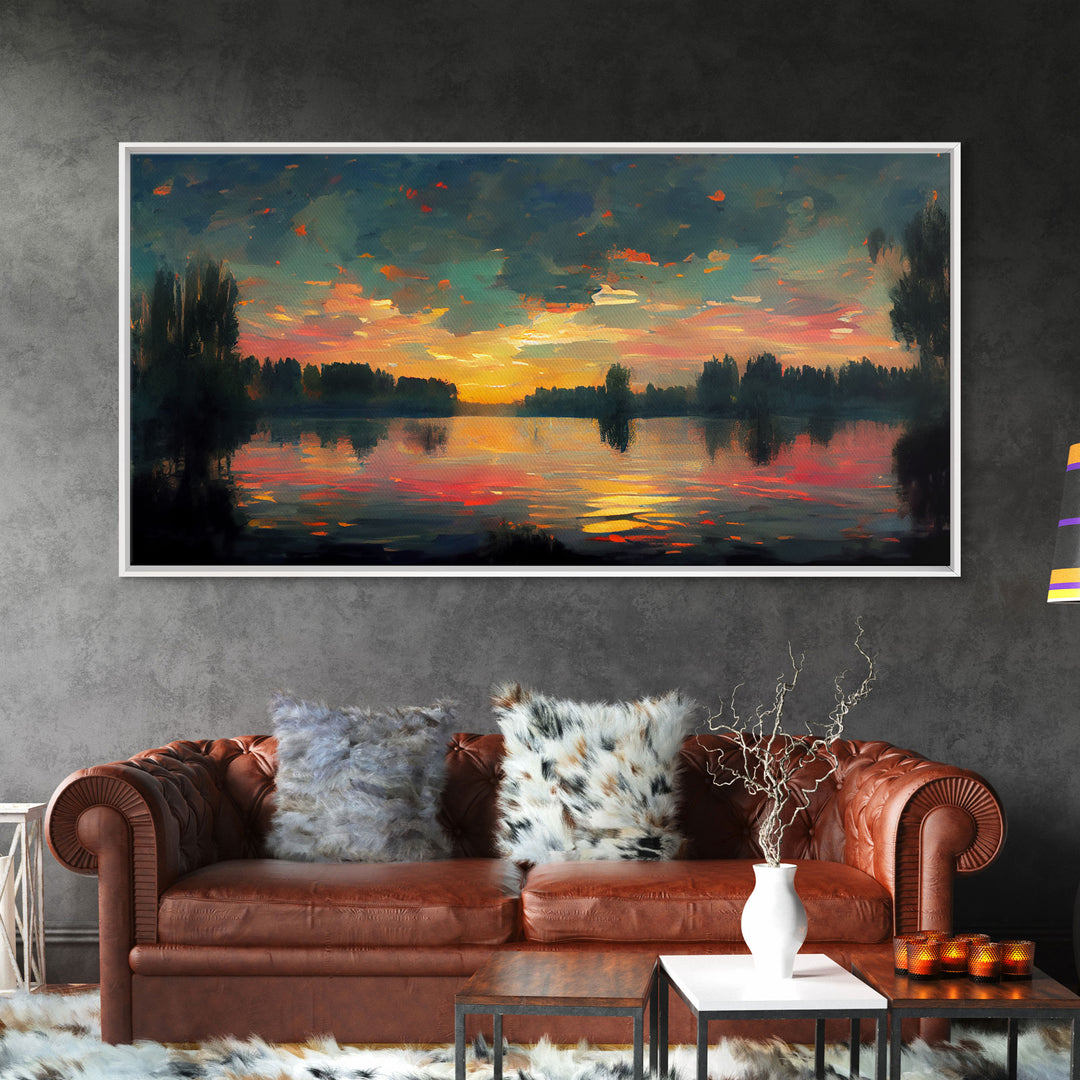 Lakehouse Canvas Print, watercolor painting of a sunset reflected on a lake