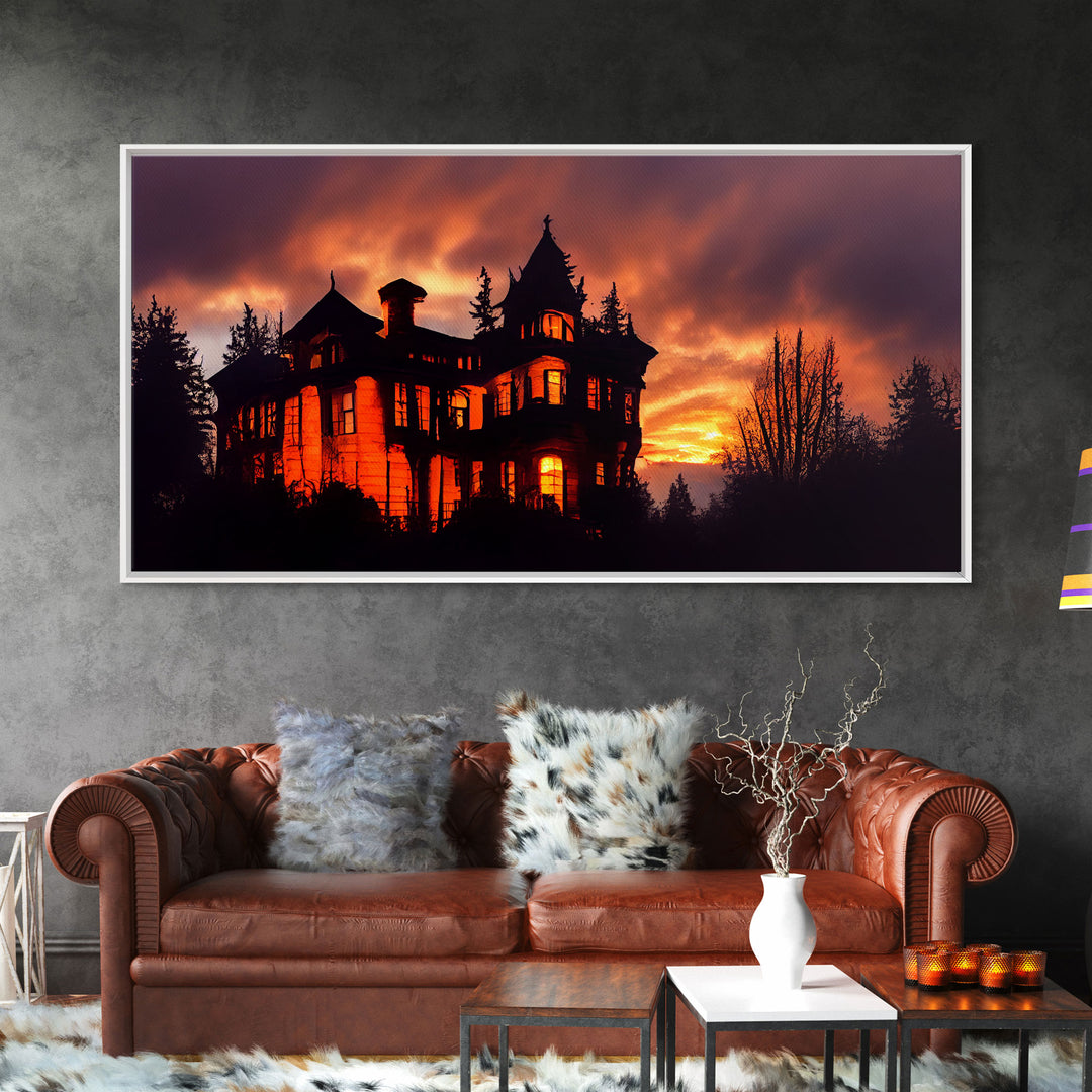 Spooky Halloween Wall Art, Haunted House Canvas Print, Ready to hang canvas, orange creepy house at night, Wall Decor