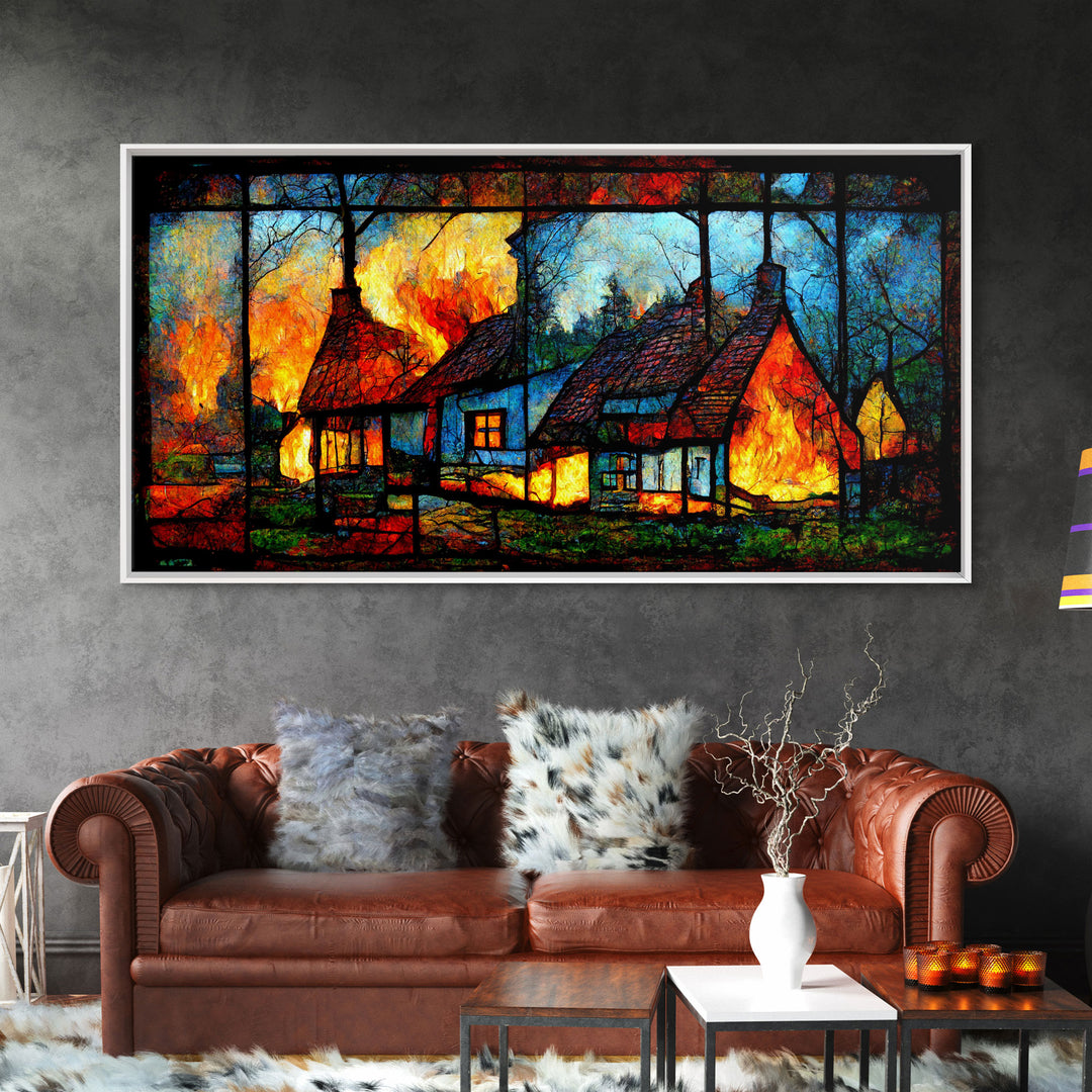 Stained Glass Cottage On Fire, Canvas print, negative art, house on fire depicted in stain glass, cool wall art