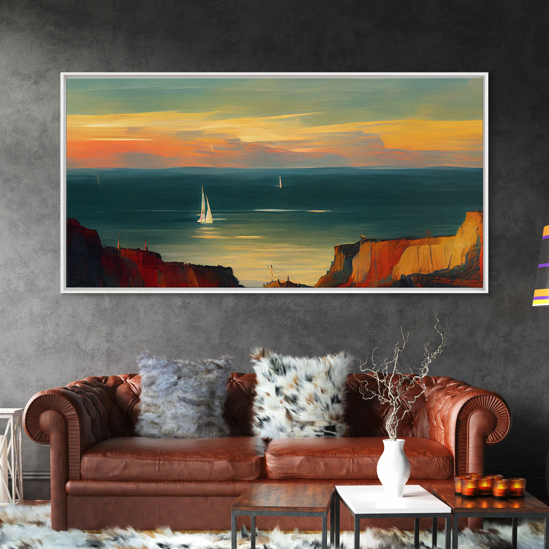 Canvas print of sail boats on the ocean, sailing at sunset, cool lakehouse art, living room wall art, sailboats, watercolor