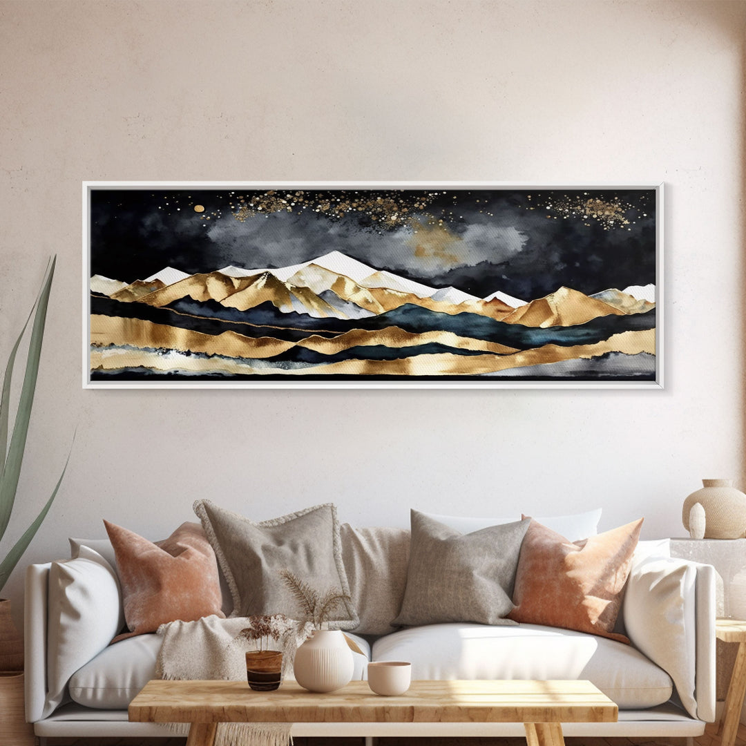 Black & Gold Mountain Landscape Painting, Framed Canvas Print, Panoramic Art, Extra Wide Art, Center Piece Decor, Above Fireplace or Sofa