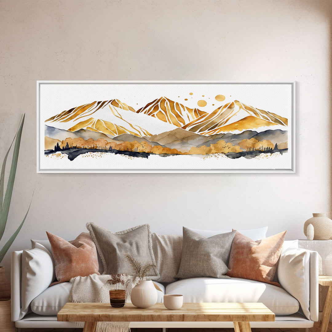 White & Gold Mountain Landscape Painting, Framed Canvas Print, Panoramic Art, Extra Wide Art, Center Piece Decor, Above Fireplace or Sofa