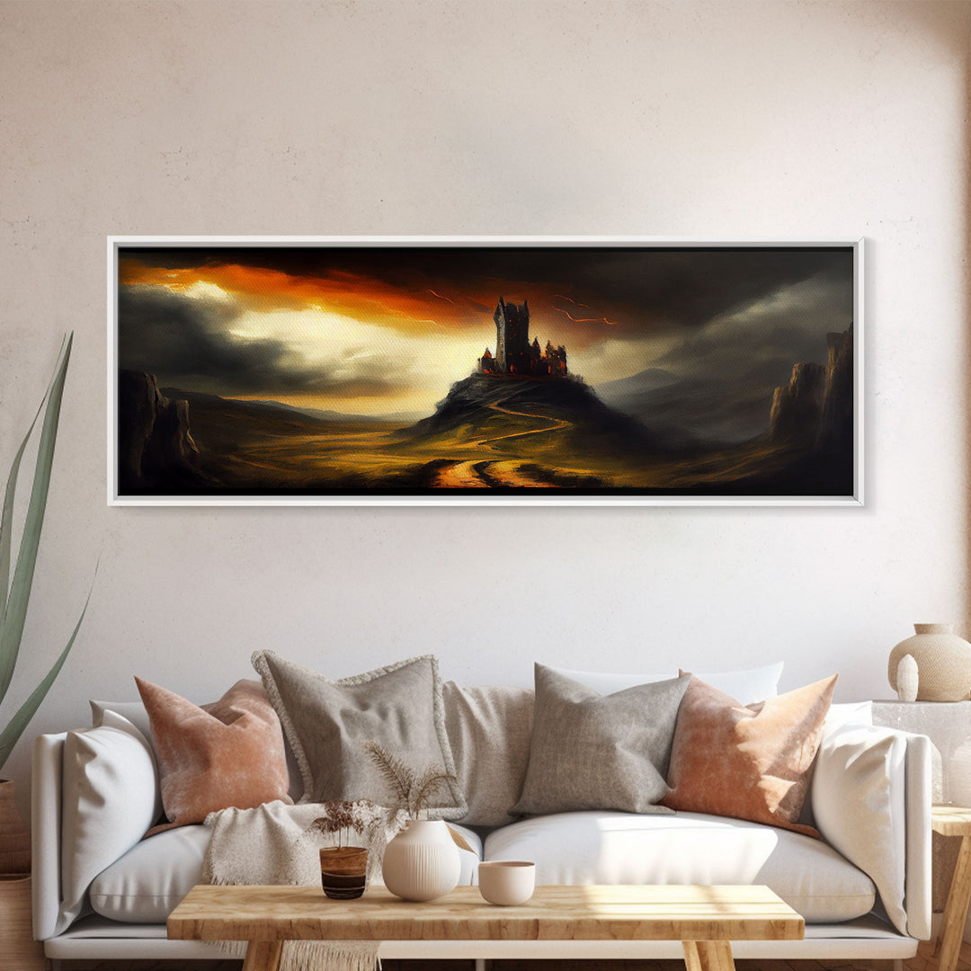 Panoramic Dark Fantasy Wall Art, Framed Canvas, Wood Frame Art, The Dark Castle Oil Painting Fantasy Decor, DND Art