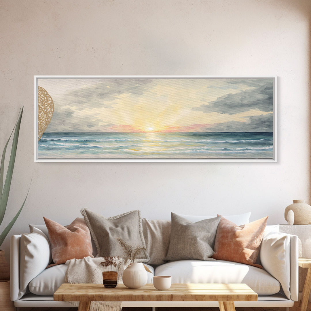 Panoramic Sea Canvas Oil Painting Print, Holiday Seascape Art, Blue Sky Cloud Mural Living Room Decor Painting Framed Wall Art