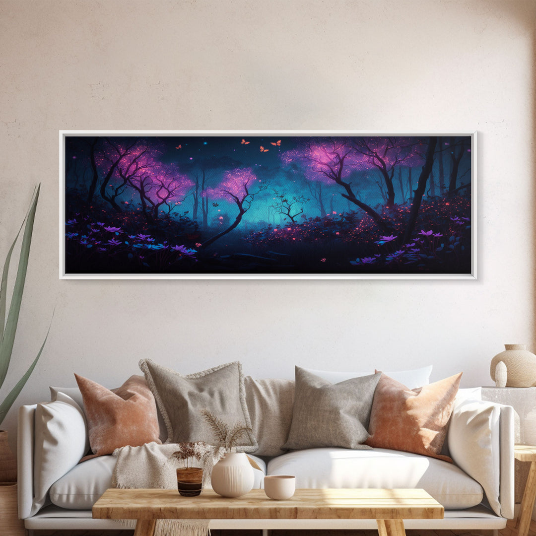 Beautiful Fantasy Forest, Framed Canvas Print, Fantasy Art, Butterflies and Fireflies Light up a Fairy Forest At Night, Framed Wall Art