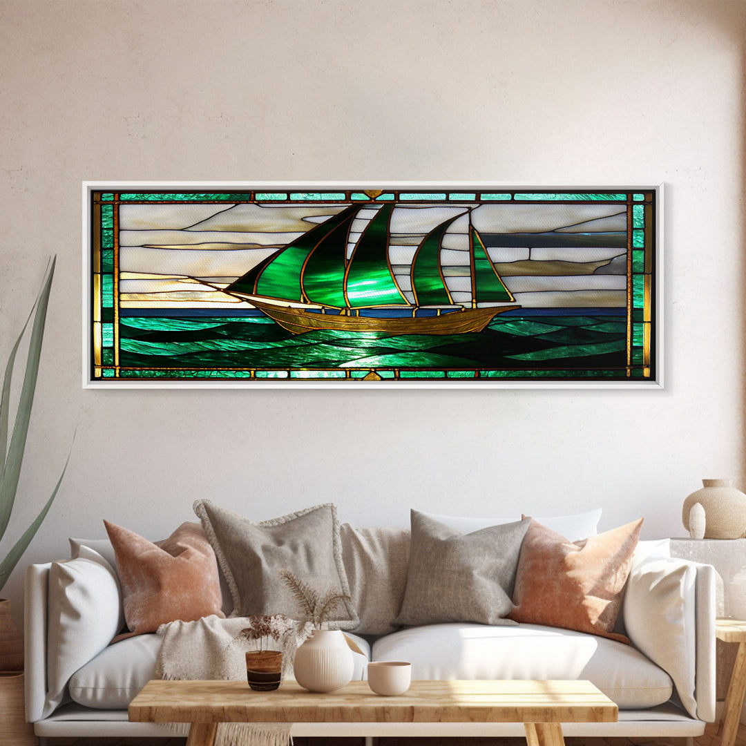 Panoramic Art Deco Sail Boat, Stained Glass, Early 20s Style Art, Roarin' 20s Art, Nautical Theme Framed Canvas Print, Extra Large Art