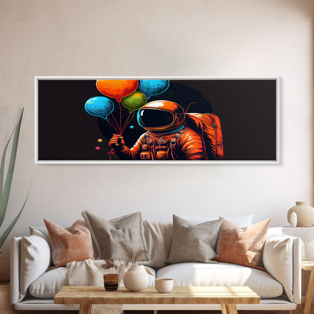 Psychedelic Astronaut Holding Balloons in Space, Framed Canvas Print, Crypto Art, To The Moon