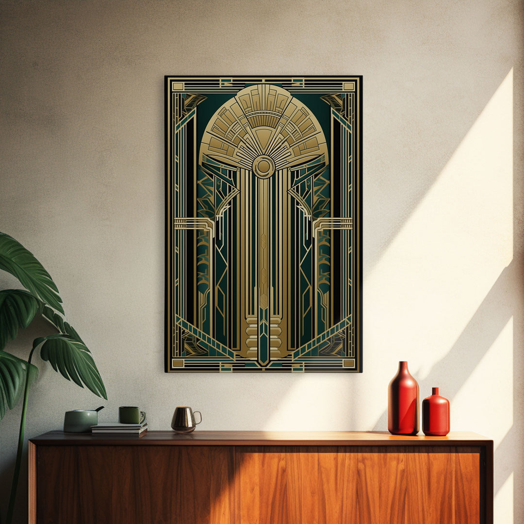 Art Deco Wall art | Framed Canvas Print | Art Deco | Gold & green art | Beautiful art | Midcentury Modern | Office decor | Stained glass art