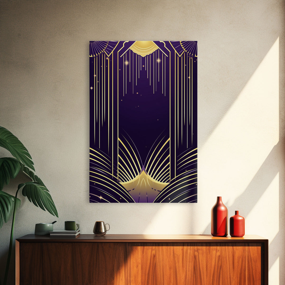 Midcentury Modern Wall art, Framed Canvas Print, Art Deco, Pattern art, Gold & purple art, Living room art, Bright colors, Lines art