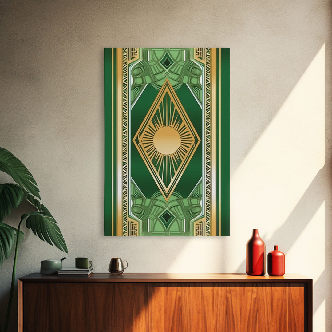 Midcentury Modern Wall art, Framed Canvas Print, Art Deco, Gold & green art, Framed painting, Original painting, Office decor, Geometric art