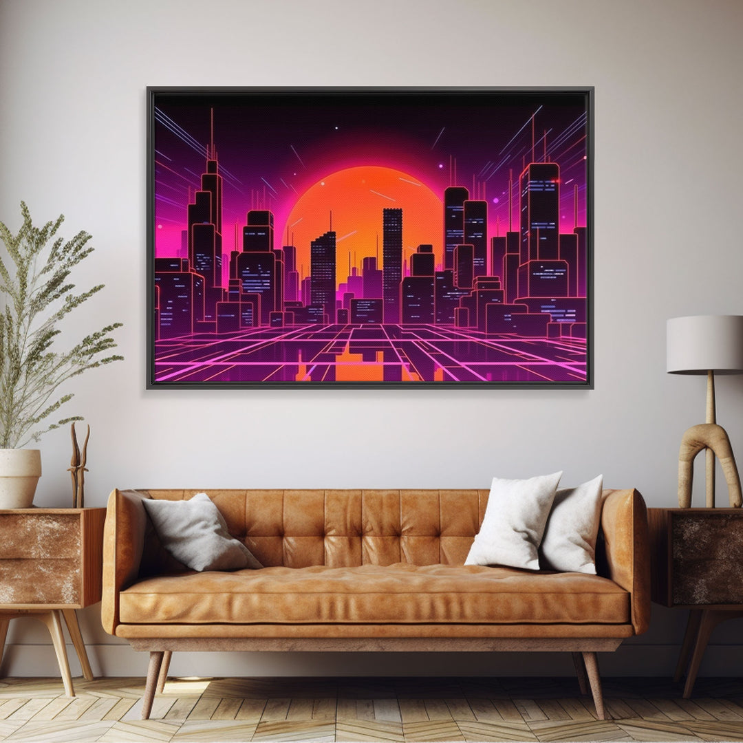 City Wall Art | Framed Canvas Print | Living room art | Lines | Retro | Wonderful art | Landscape | Outrun Style | Futuristic | Synthwave