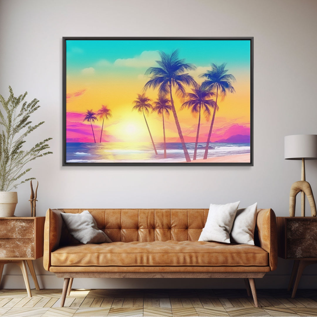 Colorful sunset Wall art, Framed Canvas Print, Synthwave Style, Guest room art, Pop Art Style, Watercolors, Beautiful art, Tropical Art