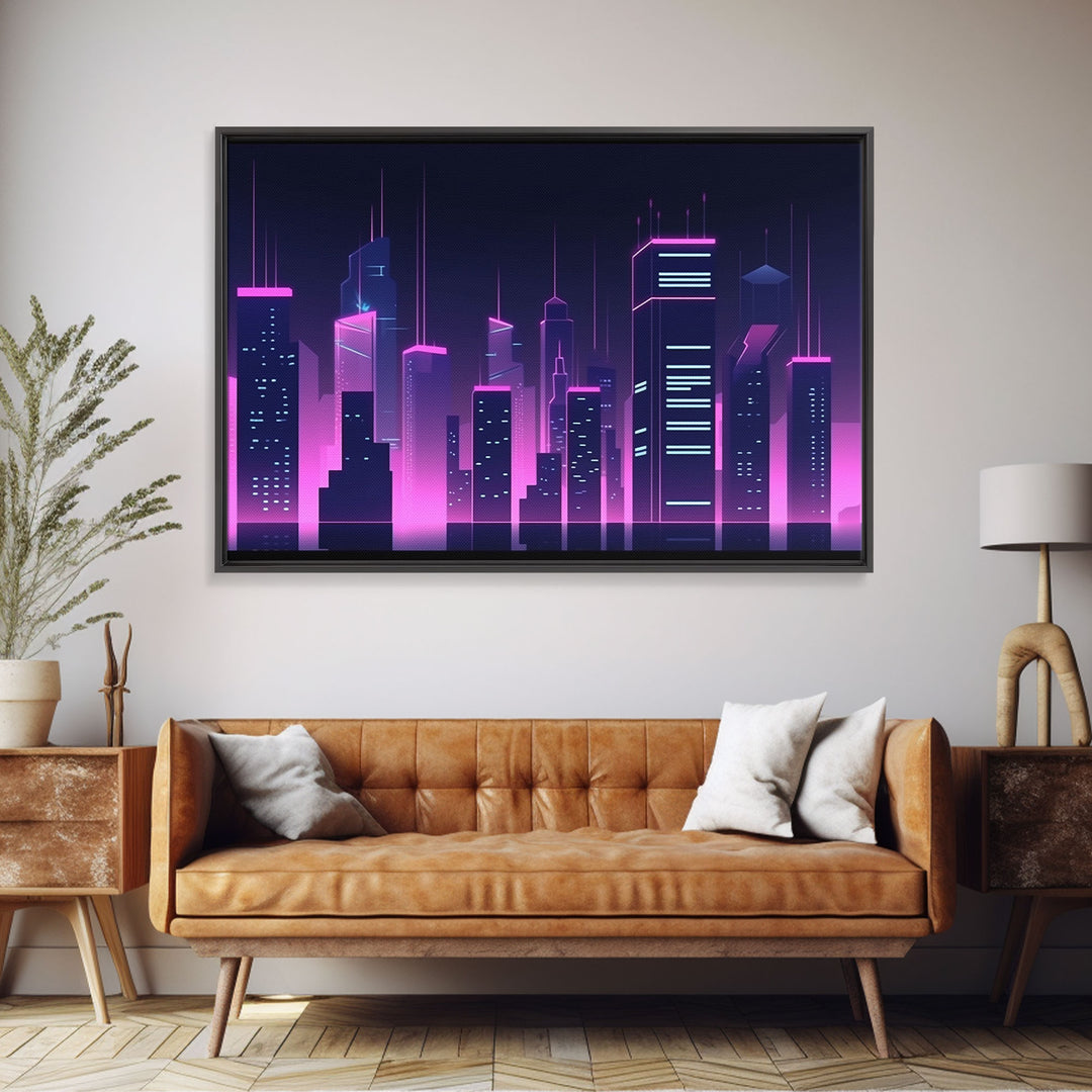 Big City Wall Art | Framed Canvas Print | Living room art | Office decor | Buildings | Outrun Style | Landscape | Night | Pop Art | City