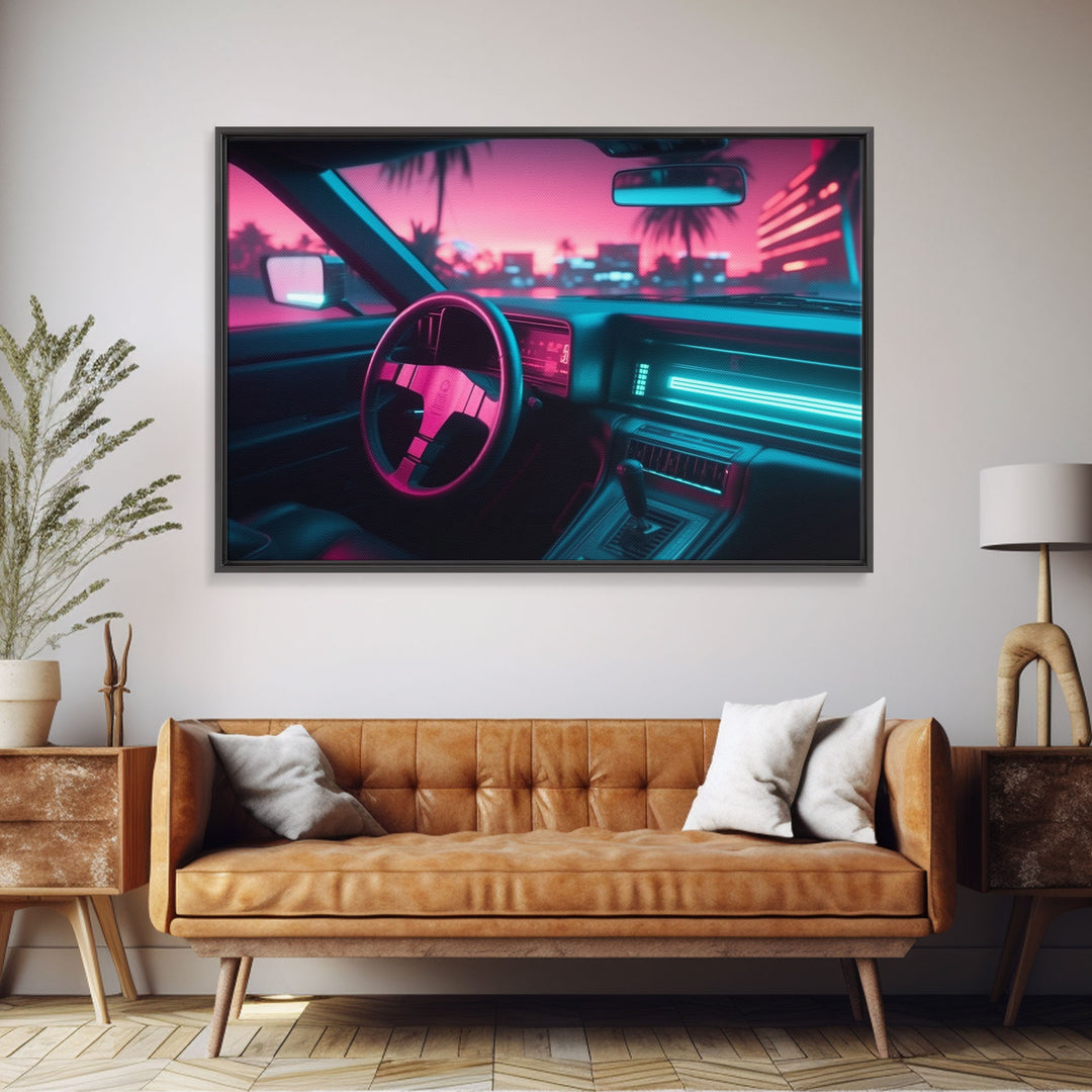 Car interior Wall Art | Framed Canvas Print | Living room art | Neon Lights | Outrun Style | Guest room art | Retro art | Beautiful Art