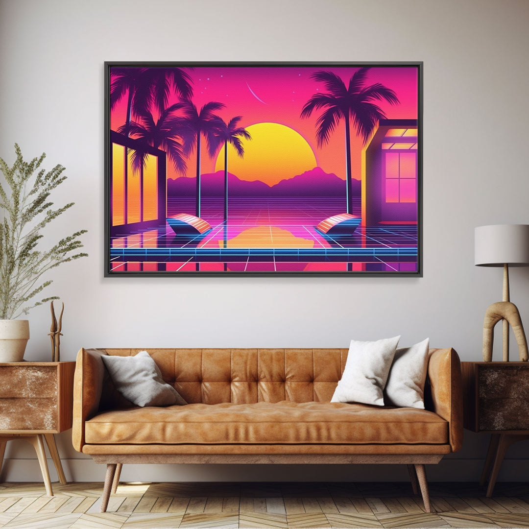 Sunset Penthouse Wall Art, Framed Canvas Print, Pop Art Style, Synthwave Style, Living room art, Colorful painting, Pink colors, Hot sunset