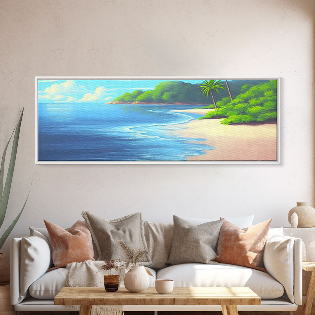 Canvas Tropical Beach Wall Art, Seashore, Palm Trees, Island, Beach Scene Art Print, Wall Decor, Green, Panoramic, Wall Art, Canvas Print