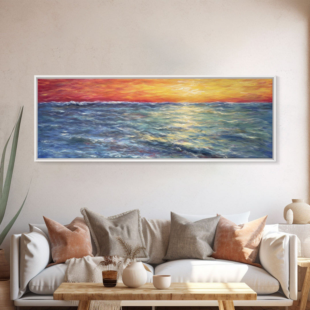 Vibrant Abstract, Framed Art, Sunset, Ocean, Abstract Sea Wall Art, Orange, Blue, Yellow, Abstract Nature, Panoramic, Wall Art, Canvas Print