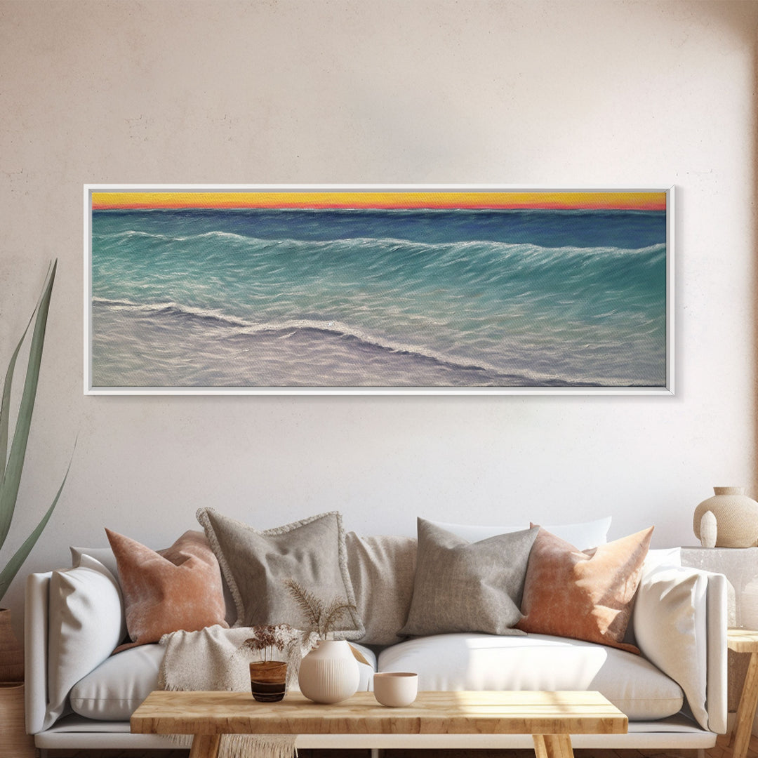 Textured Art Print, Seascape Canvas Art Print, Ocean, Waves, Horizon, Sunset, Orange, Blue, Wall Decor, Panoramic, Wall Art, Canvas Print