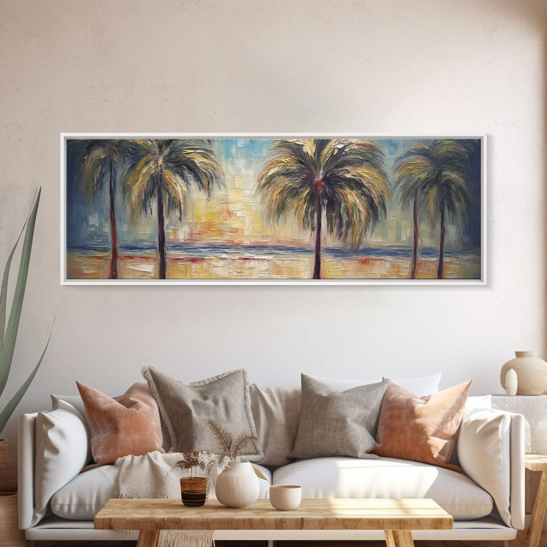 Abstract Beach Canvas Art Print, Sunset, Coconut Trees, Textured Abstract Print, Canvas Wall Art Beach, Panoramic, Wall Art, Canvas Print